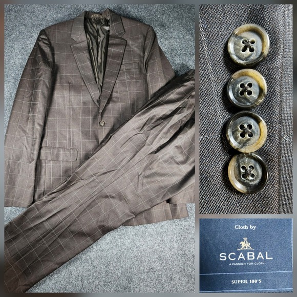 Scabal Other - Scabal Bespoke 2 Pc Suit Mens 43XL Pants35x37 Brown Windowpane Super 100s Wool